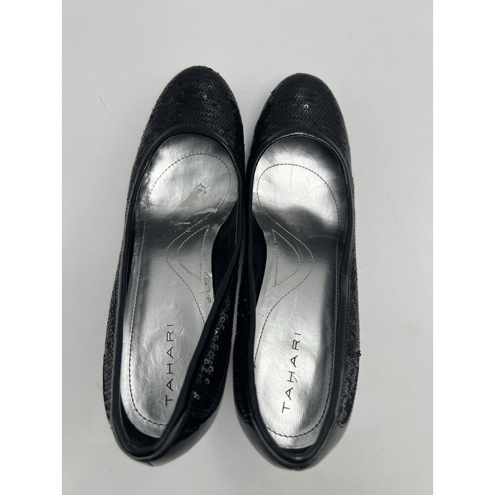 Tahari Black Sequin Round Toe Leather Pumps Heel Formal Black Tie Party Sz 8.5 M - Picture 11 of 11